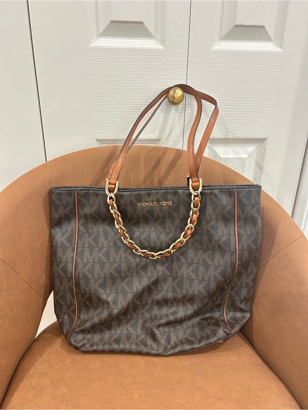 Michael Kors Brown Signature MK Chain Tote Bag